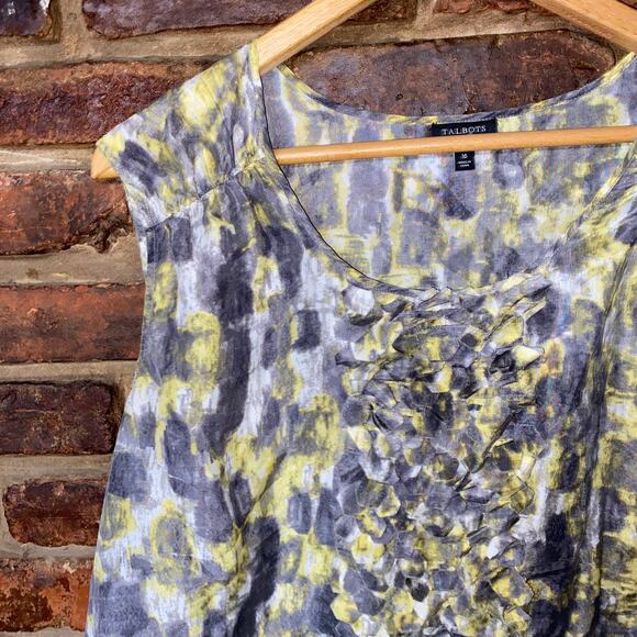 Talbots 100% Silk Green Gray Printed Ruffled Sleeveless Tank Top Women's Size 16 - Picture 2 of 6
